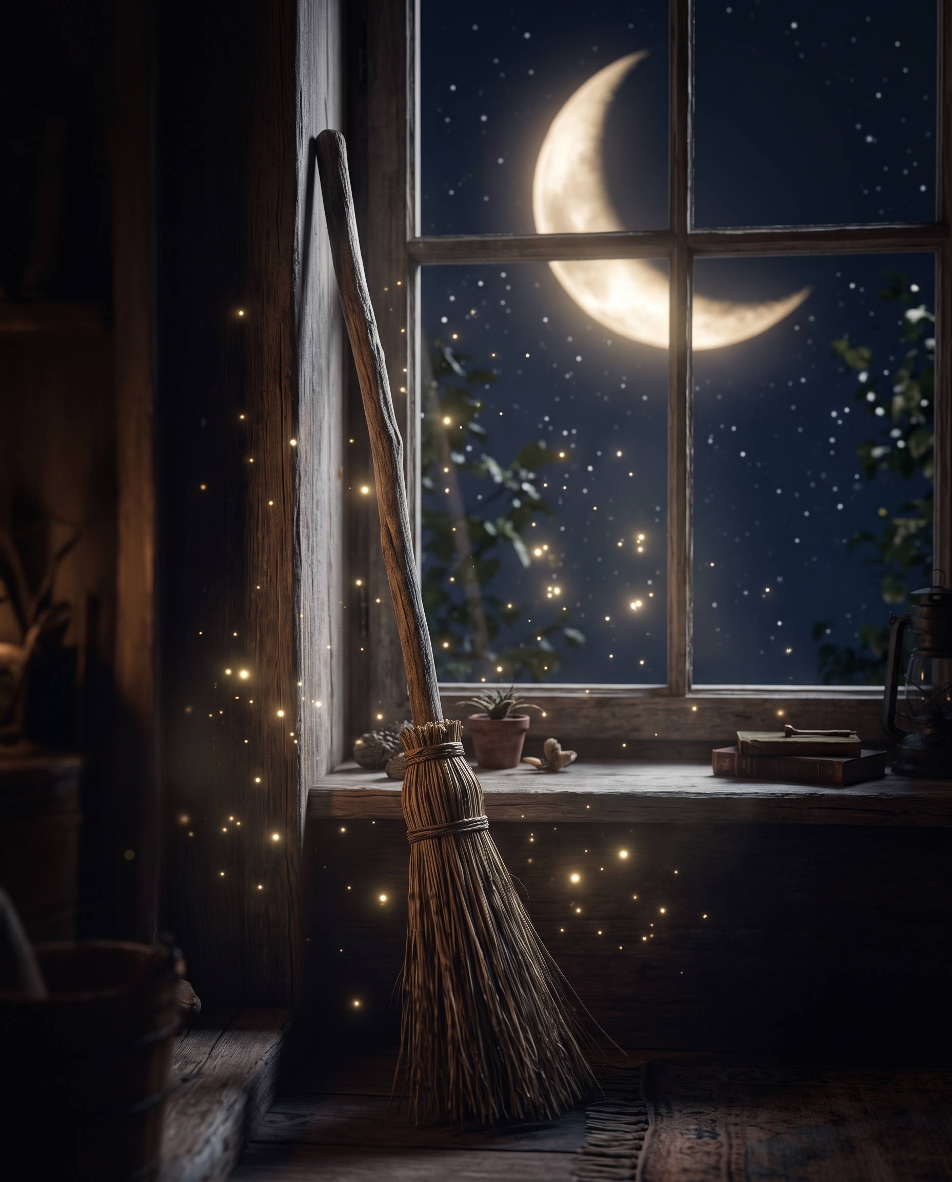 月夜に立てかけられた魔法のほうき